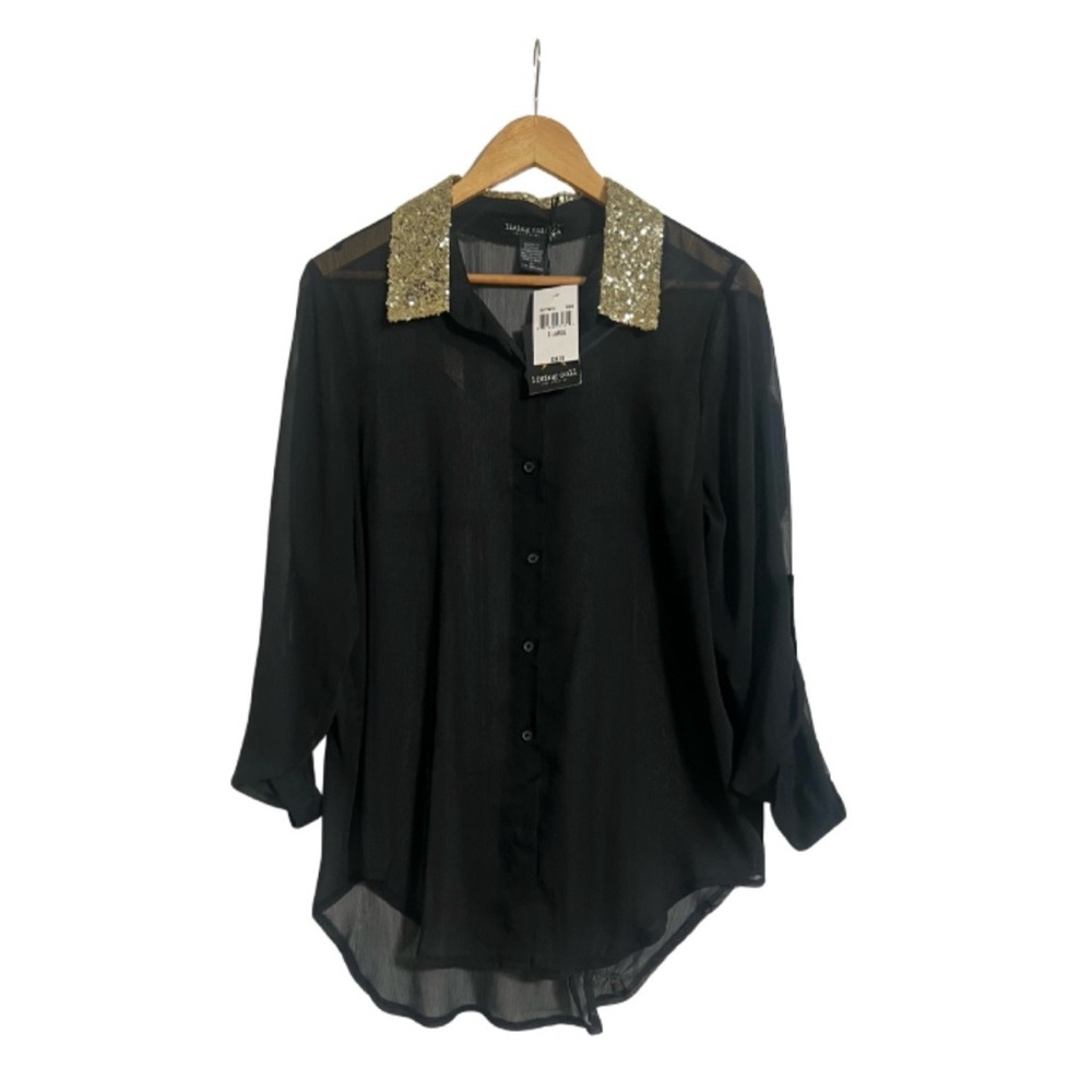 Living Doll Black Sheer Blouse w/ Gold Sequin Collar | XL | NWT